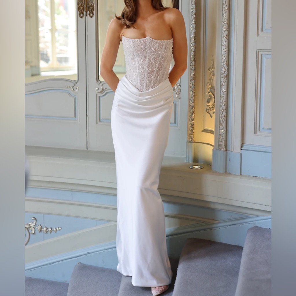 Strapless Beaded Corset Satin Skirt Gown - White Ophelia
